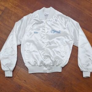 Vintage Auburn Sportswear White Satin Bomber Jacket Franks Keyhaven Diver Lodge